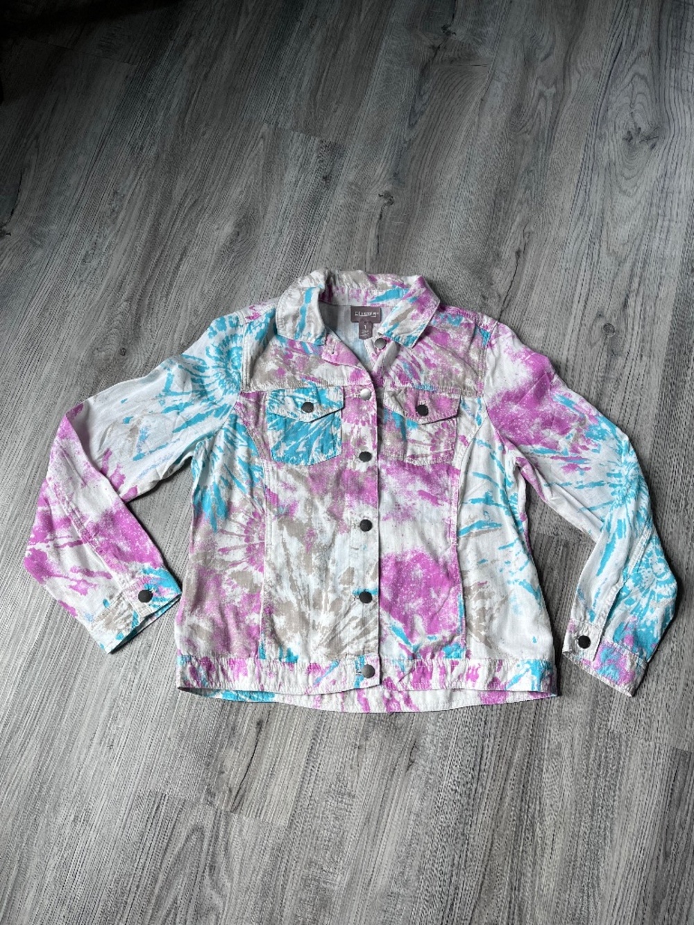 Chico's Women's Size 1 Tie Dye Button Up Trucker Style Jacket White Multi